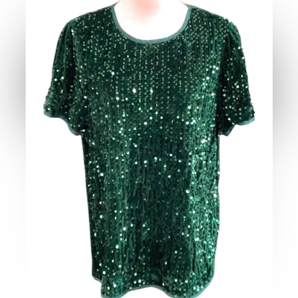 Sequin Dark Green Sparkly All Over Evening Party Top XL - Picture 2 of 8